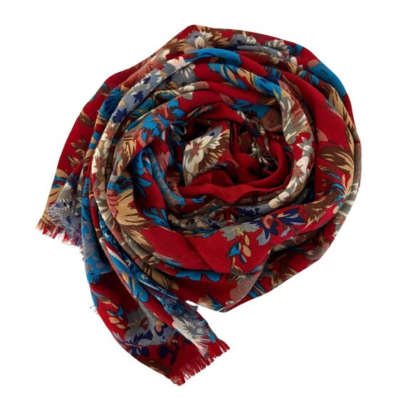 Red Blue Floral Scarf Fringed Ends Wrap Shawl Cover Up Versatile Styling - Picture 8 of 9